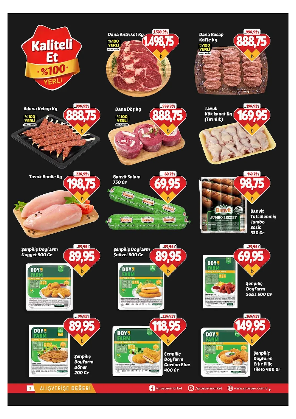 Grosper Grosper 20 Mayıs 2026 Aktüel Kataloğu sayfa 2: Banvit Jumbo Lezzet Tütsülenmiş Sosis 330G, Adana Kebap Kg