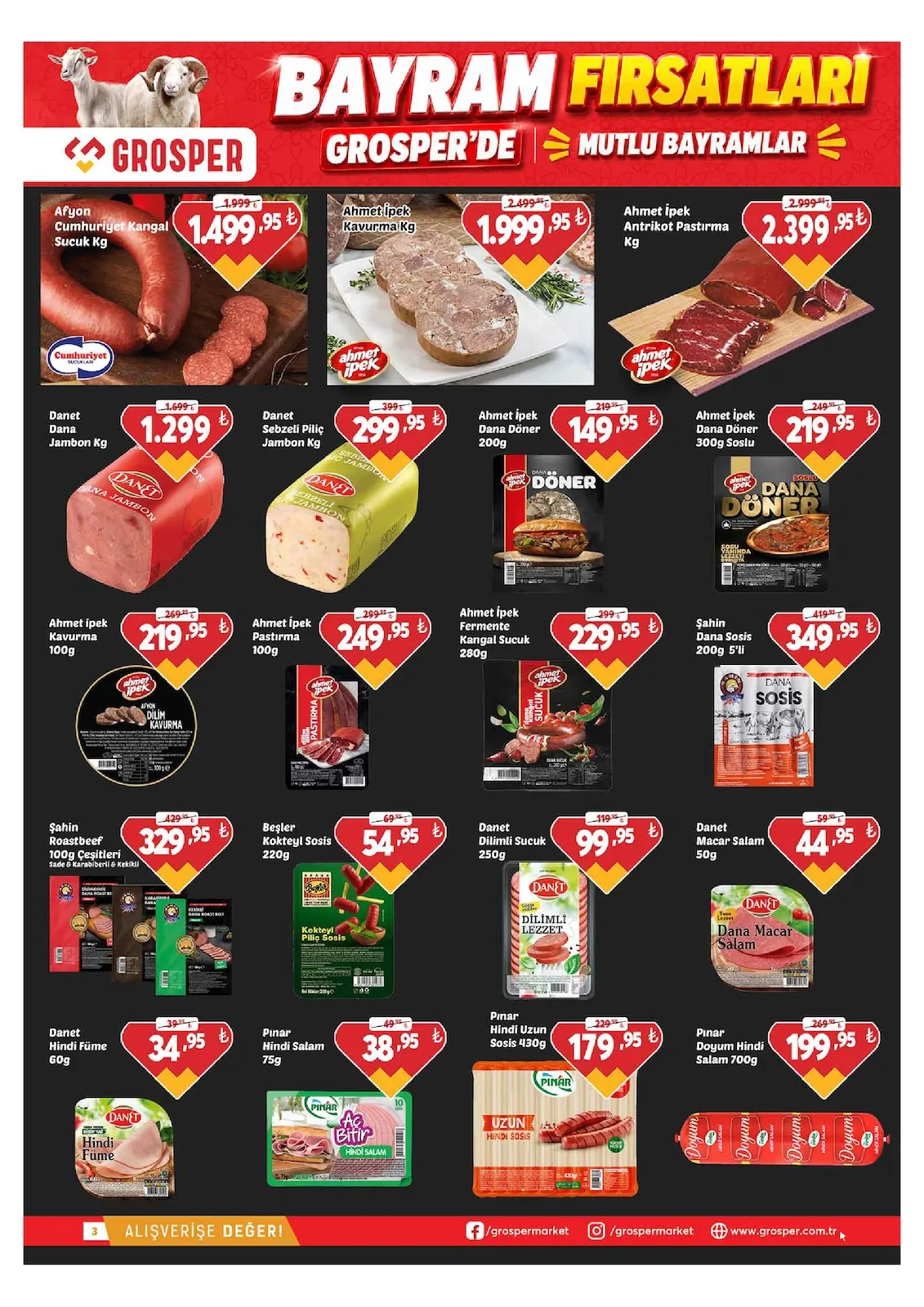 Grosper Grosper 20 Mayıs 2026 Aktüel Kataloğu sayfa 3: Ahmet İpek Kavurma Kg, Şahin Roastbeef 100G Çeşitleri