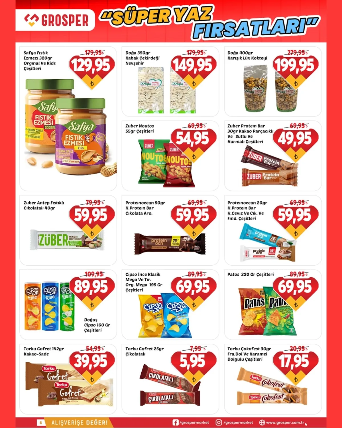 Grosper Grosper 3 Haziran 2026 Aktüel Kataloğu sayfa 8: Safya Fıstık Ezmesi 320Gr Orijinal Ve Kids Çeşitleri, Protein Ocean 20Gr H.Protein Bar H.Ceviz Ve Çik. Ve Fınd. Çeşitleri