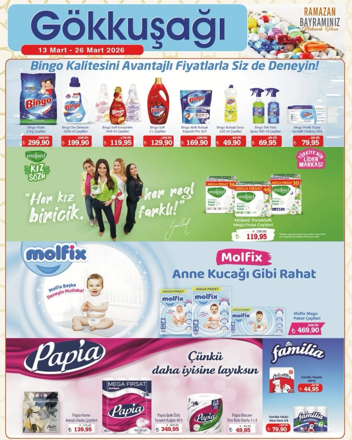 Gökkuşağı Gökkuşağı Market 13 Mart 2026 Aktüel Kataloğu sayfa 15: Familia Havlu Aloe Vera 6'Lı, Bingo Soft 3 L Çeşitleri