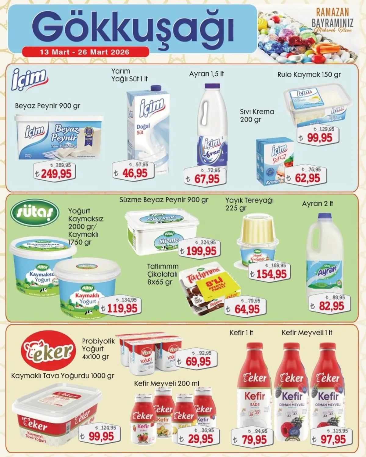 Gökkuşağı Gökkuşağı Market 13 Mart 2026 Aktüel Kataloğu sayfa 8: Çeker Kefir 1 Lt, Filte Ayran 2 Lt
