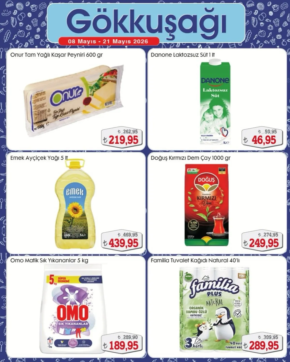 Gökkuşağı Gökkuşağı Market 8 Mayıs 2026 Aktüel Kataloğu sayfa 1: Emek Ayçiçek Yağı 5 Lt, Doğuş Kırmızı Dem Çay 1000 Gr