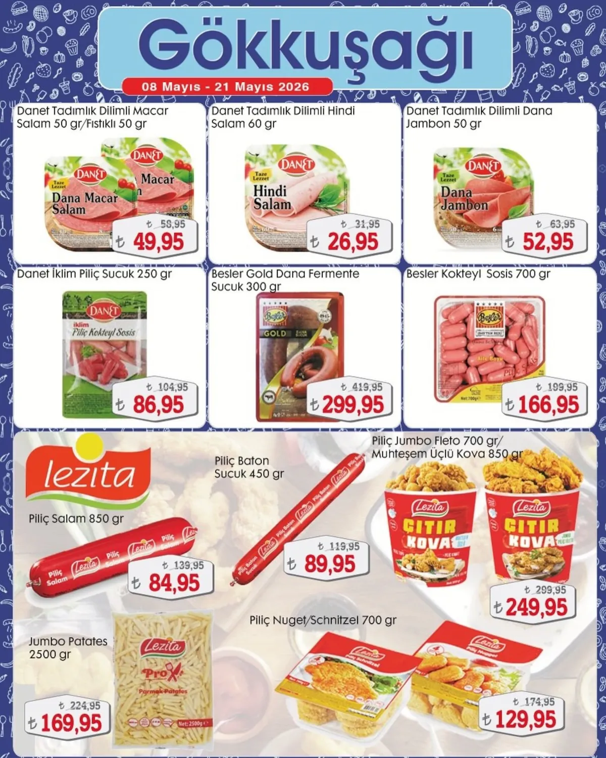 Gökkuşağı Gökkuşağı Market 8 Mayıs 2026 Aktüel Kataloğu sayfa 4: Besler Gold Dana Fermente Sucuk 300 Gr, Danet İklim Piliç Kokteyl Sosis 250 Gr