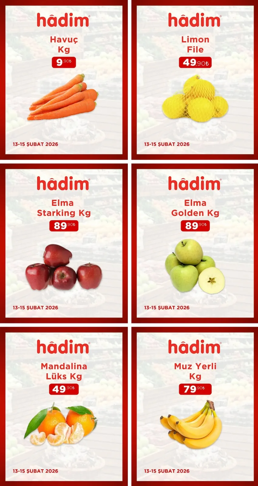 Hadim Hadim AVM 13 Şubat 2026 Aktüel Kataloğu sayfa 1: Hâdim Elma Golden Kg, Hâdim Mandalina Lüks Kg