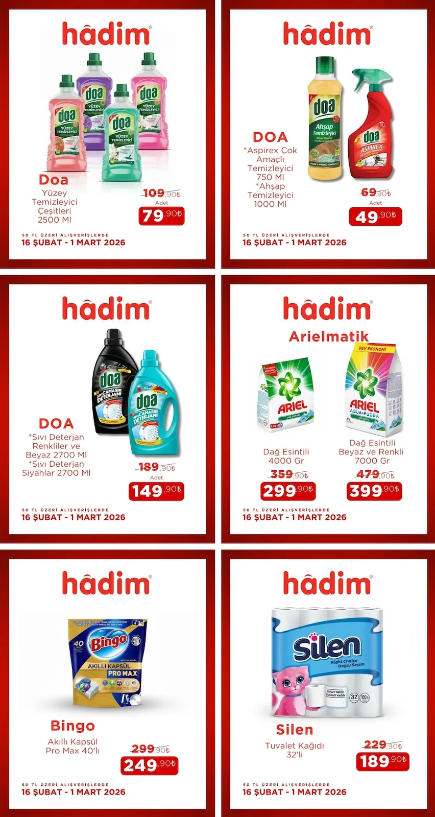 Hadim Hadim AVM 16 Şubat 2026 Aktüel Kataloğu sayfa 1: Doa Aspirex Çok Amaçlı Temizleyici 750 Ml, Silen Tuvalet Kağıdı 32'Li