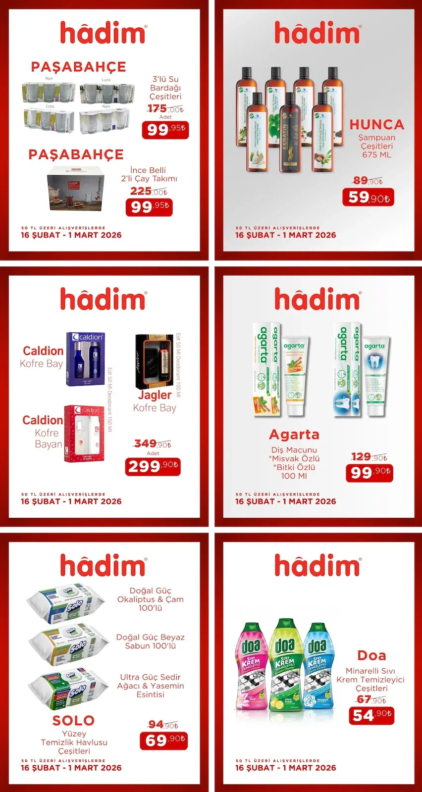 Hadim Hadim AVM 16 Şubat 2026 Aktüel Kataloğu sayfa 2: Paşabahçe 3'Lü Su Bardağı Çeşitleri, Hunca Şampuan Çeşitleri 675 Ml