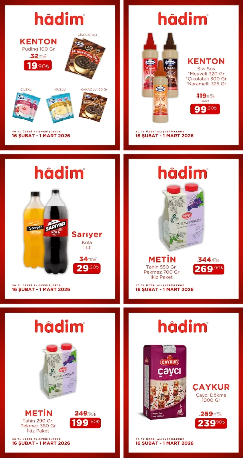 Hadim Hadim AVM 16 Şubat 2026 Aktüel Kataloğu sayfa 4: Kenton Sıvı Sos Meyveli 320 Gr Çikolatalı 300 Gr Karamelli 325 Gr, Çaykur Çaycı Dökme 1000 Gr