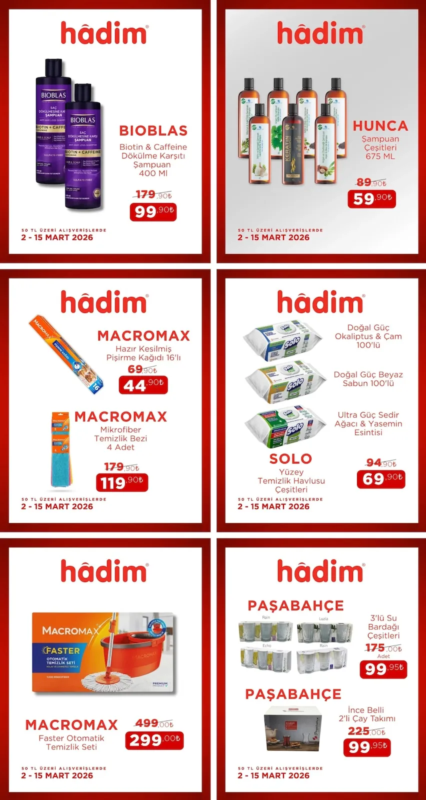 Hadim Hadim AVM 2 Mart 2026 Aktüel Kataloğu sayfa 2: Paşabahçe 3'Lü Su Bardağı Çeşitleri, Bioblas Biotin & Caffeine Dökülme Karşıtı Şampuan 400 Ml