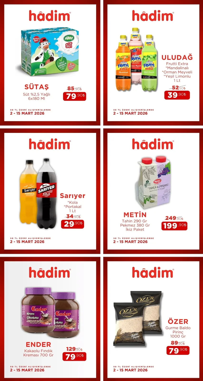 Hadim Hadim AVM 2 Mart 2026 Aktüel Kataloğu sayfa 3: Özer Gurme Baldo Pirinç 1000 Gr, Uludağ Frutti Extra Mandalinalı * Orman Meyveli * Yeşil Limonlu 1 Lt