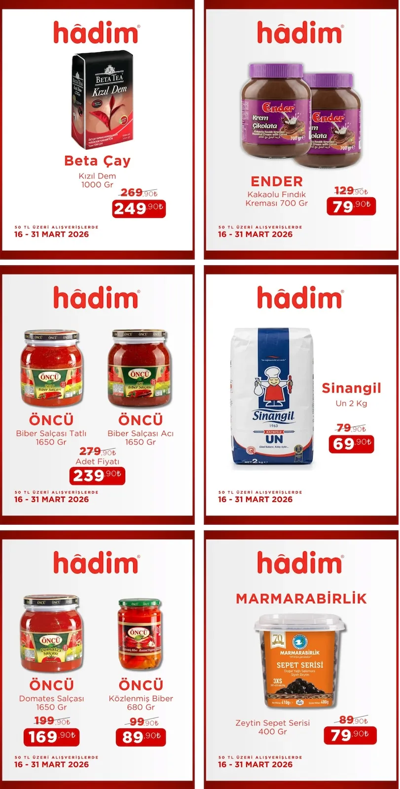 Hadim Hadim AVM 16 Mart 2026 Aktüel Kataloğu sayfa 1: Marmarabirlik Zeytin Sepet Serisi 400 Gr, Sinangil Un 2 Kg