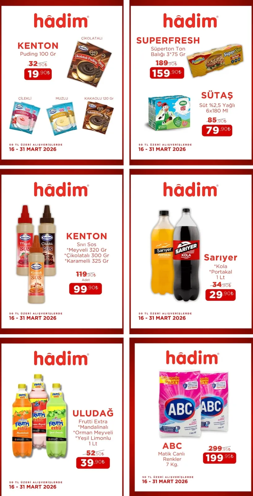 Hadim Hadim AVM 16 Mart 2026 Aktüel Kataloğu sayfa 2: Kenton Sıvı Sos, Sütaş Süt %2,5 Yağlı 6X180 Ml