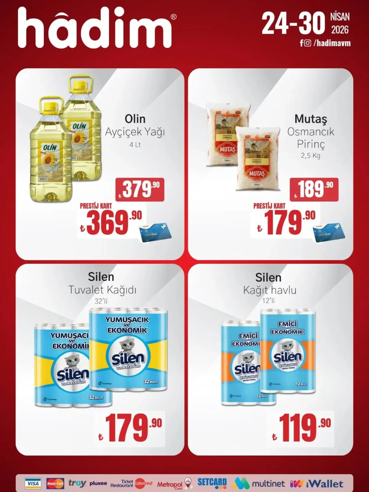 Hadim Hadim AVM 24 Nisan 2026 Aktüel Kataloğu sayfa 1: Silen Tuvalet Kağıdı 32'Li, Mutaş Osmancık Pirinç 2,5 Kg