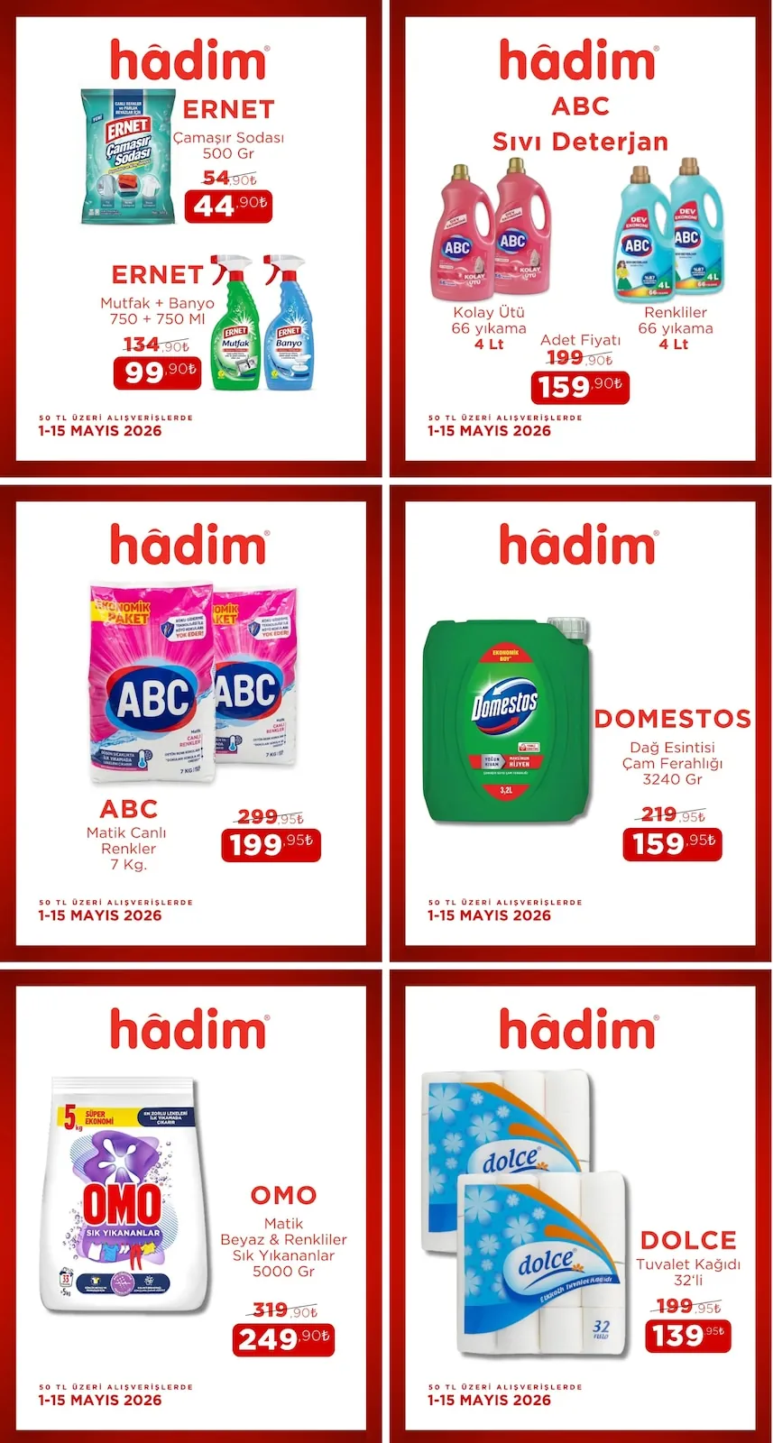 Hadim Hadim AVM 1 Mayıs 2026 Aktüel Kataloğu sayfa 1: Dolce Tuvalet Kağıdı 32'Li, Omo Matik Beyaz & Renkliler Sık Yıkana