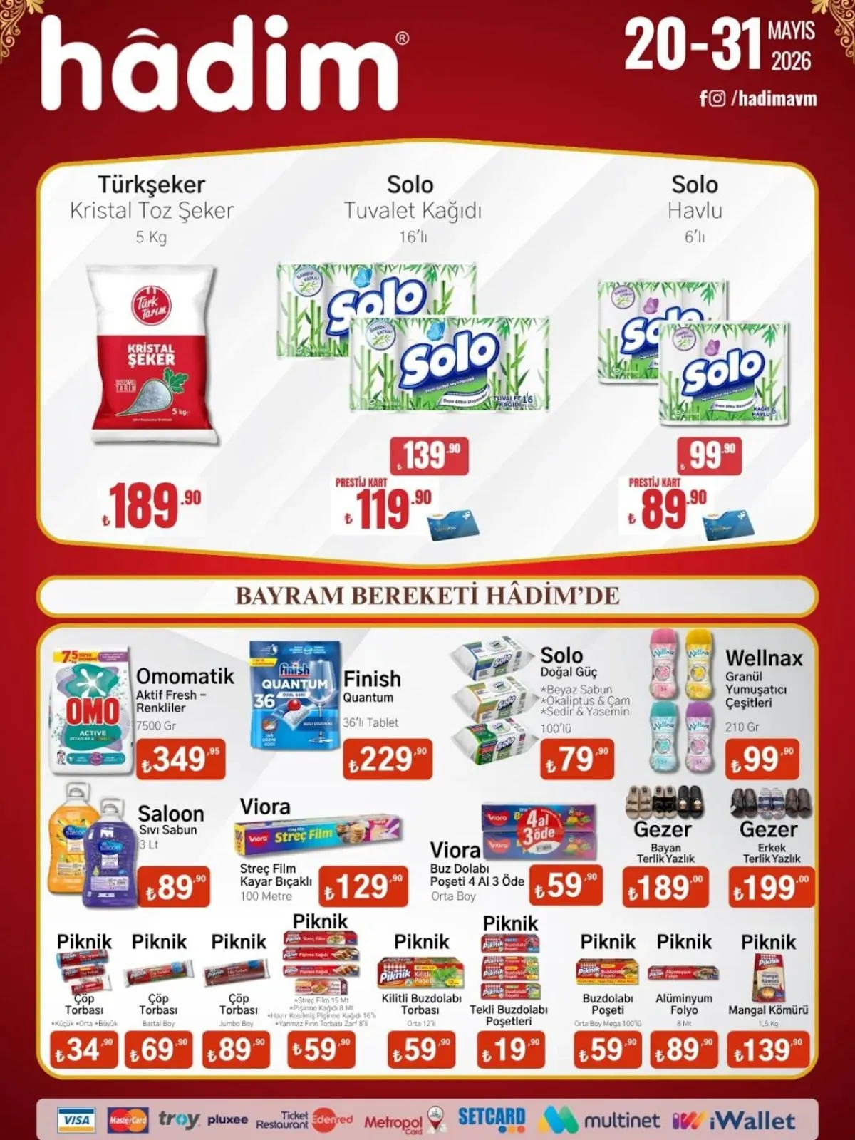 Hadim Hadim AVM 20 Mayıs 2026 Aktüel Kataloğu sayfa 1: Saloon Sıvı Sabun 3 Lt, Solo Doğal Güç 100'Lü