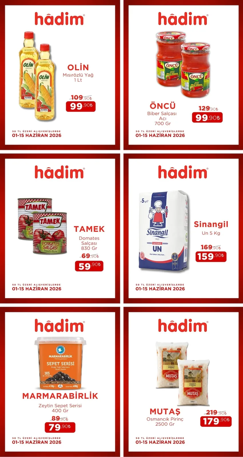 Hadim Hadim AVM 1 Haziran 2026 Aktüel Kataloğu sayfa 1: Tamek Domates Salçasi 830 Gr, Olin Mısırozlü Yağ 1 Lt