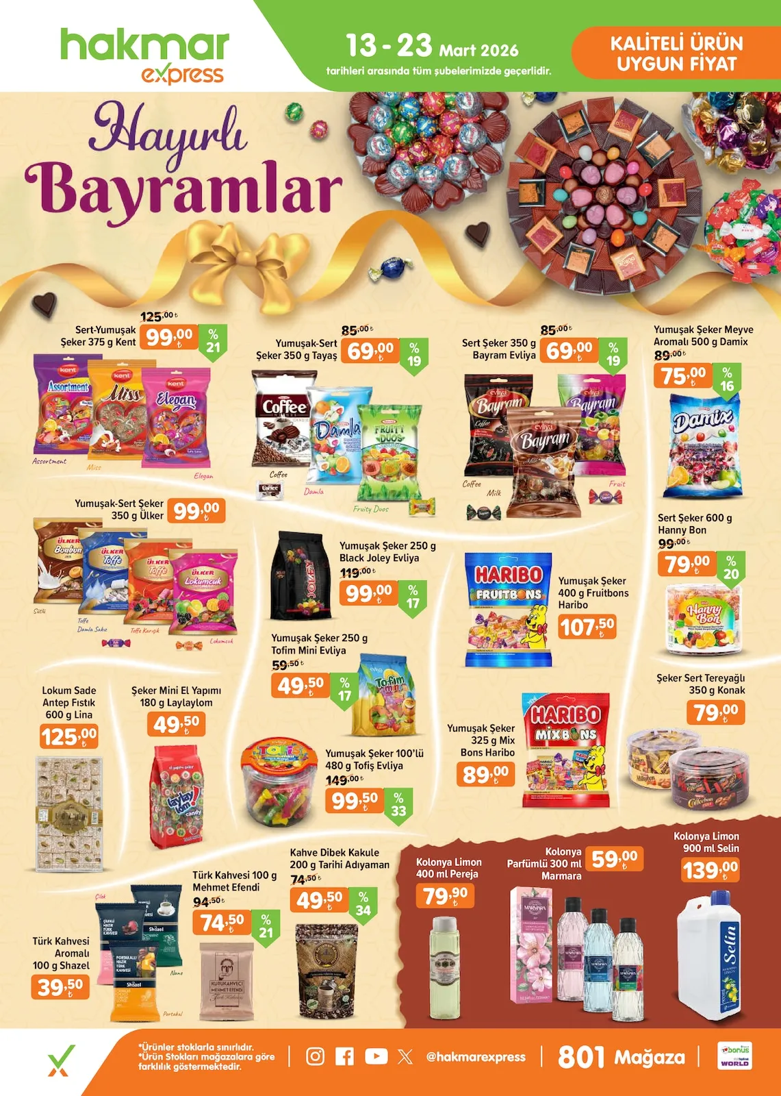 Hakmar Hakmar Express 13 Mart 2026 Aktüel Kataloğu sayfa 2: Yumuşak Şeker 400 G Fruitbons Haribo, Sert Şeker 350 G Bayram Evliya