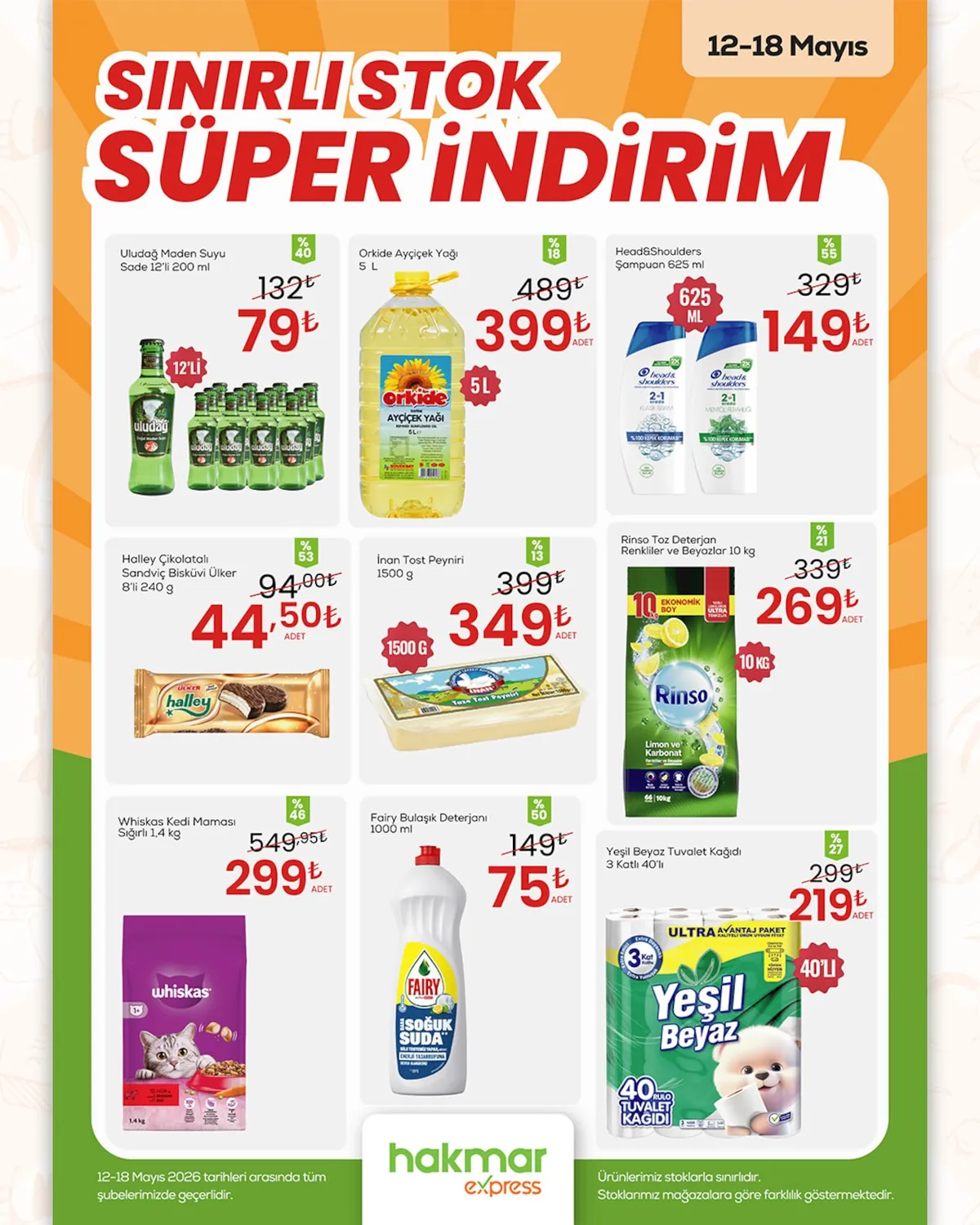 Hakmar Hakmar Express 12 Mayıs 2026 Aktüel Kataloğu sayfa 2: Ülker Halley Çikolatalı Sandviç Bisküvi 8'Li 240 G, İnan Tost Peyniri 1500 G