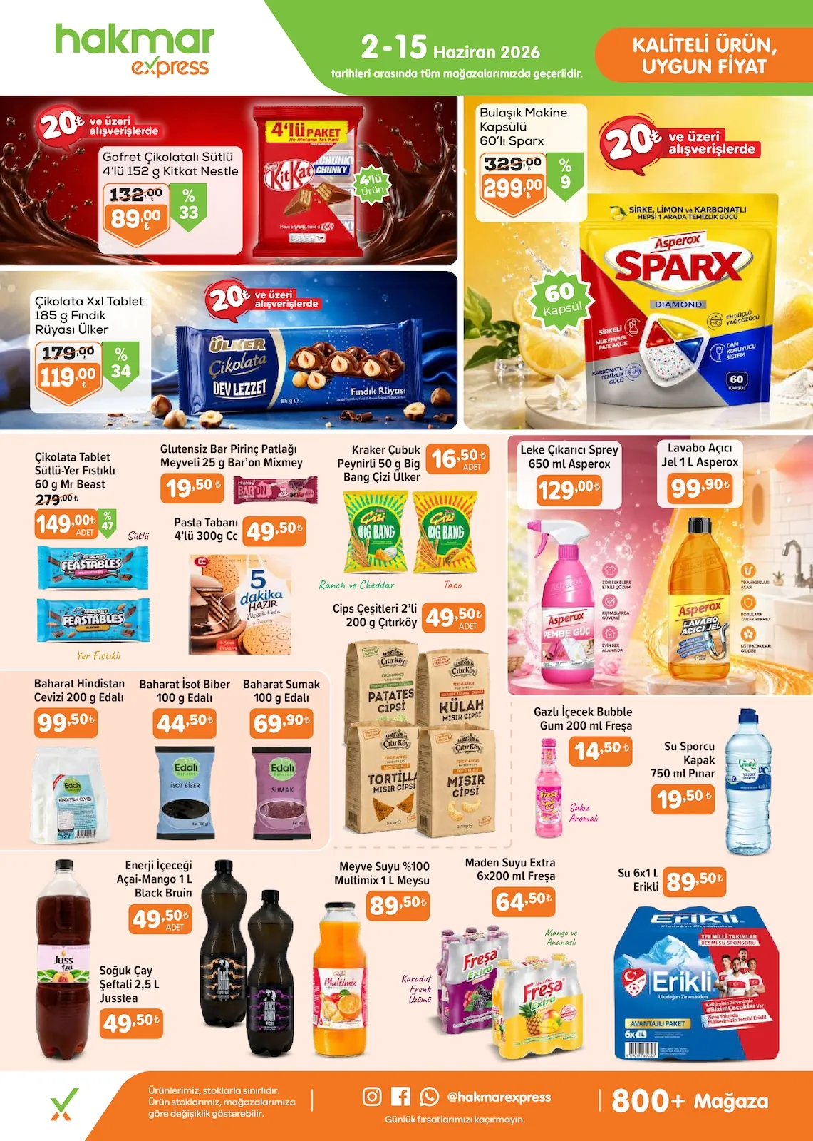 Hakmar Hakmar Express 2 Haziran 2026 Aktüel Kataloğu sayfa 1: Su Sporcu Kapak 750 Ml Pınar, Maden Suyu Extra 6X200 Ml Freşa