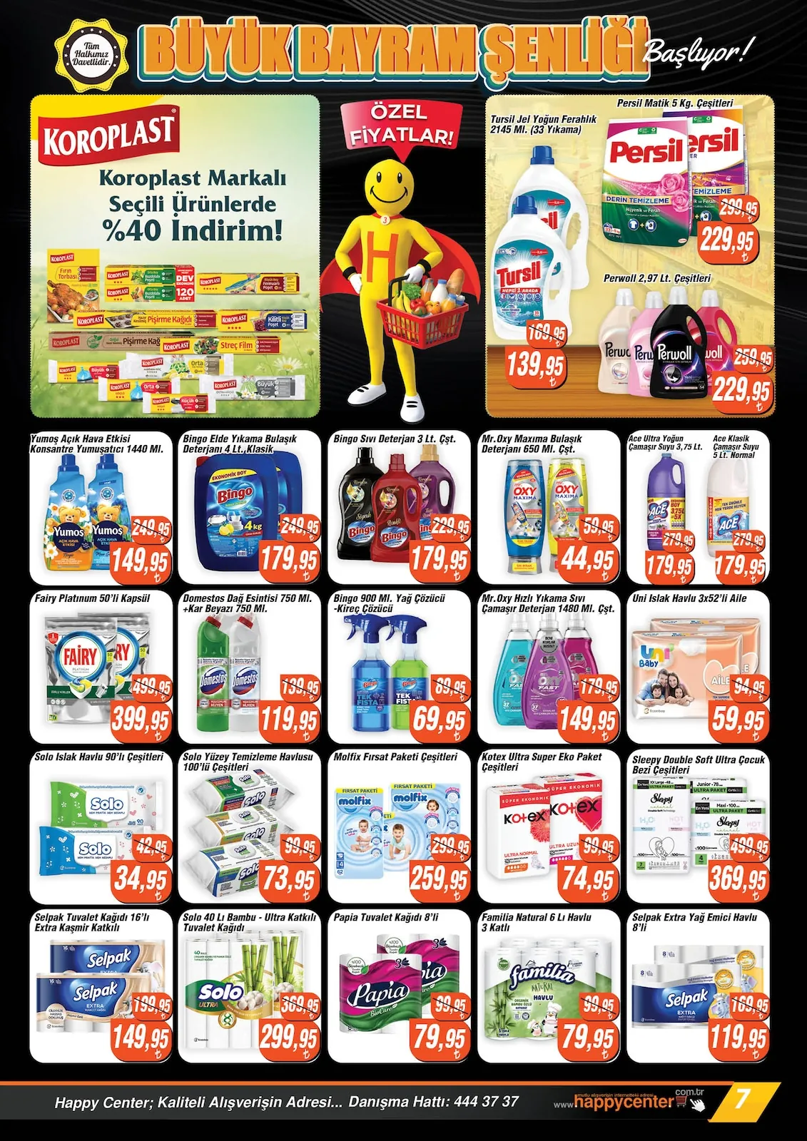 Happy Happy Center 20 Mayıs 2026 Aktüel Kataloğu sayfa 7: Solo 40 Lı Bambu - Ultra Katkılı Tuvalet Kağıdı, Mr. Oxy Hızlı Yıkama Sıvı Çamaşır Deterjan 1480 Ml.