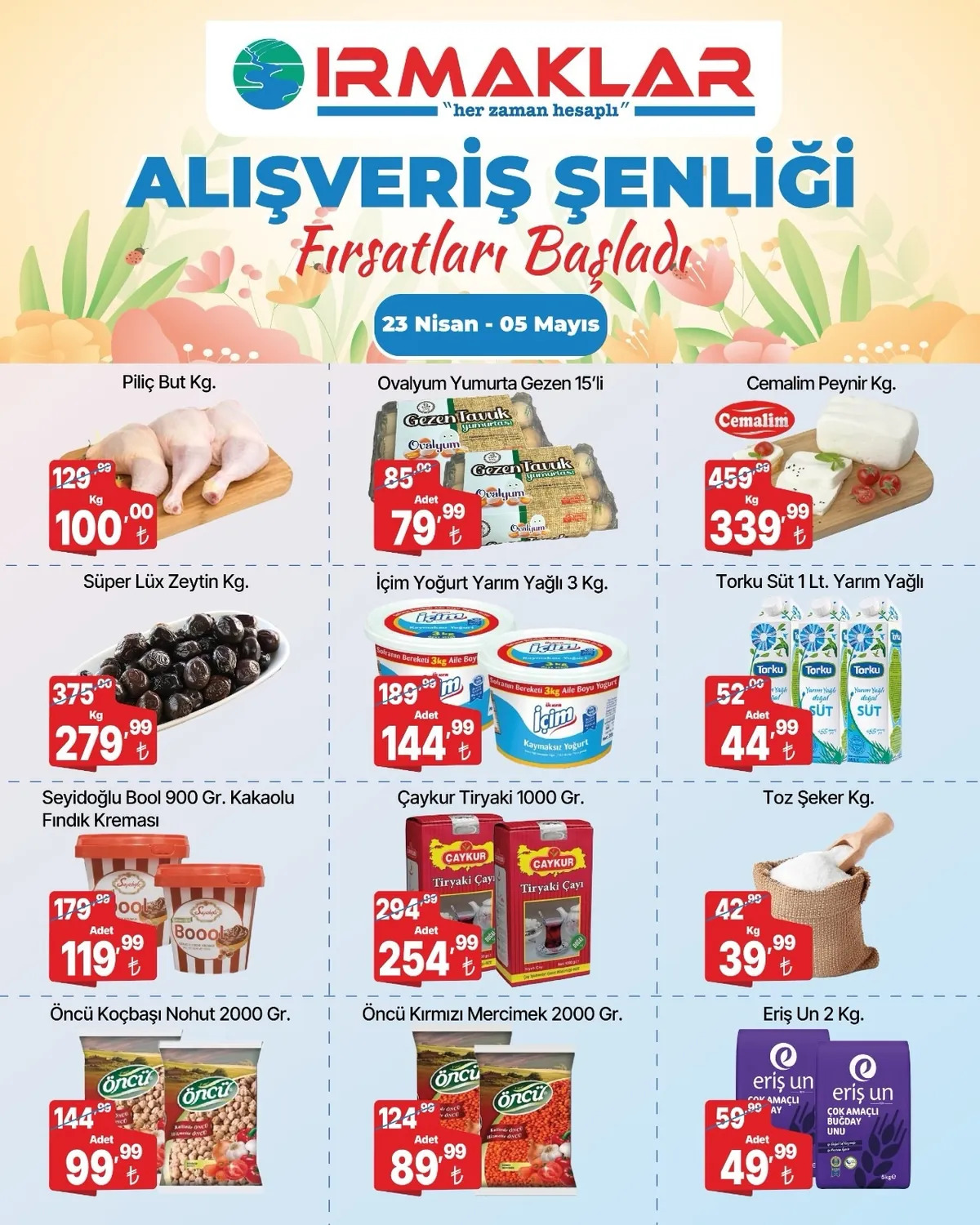 İrmaklar Irmaklar Market 23 Nisan 2026 Aktüel Kataloğu sayfa 1: Ovalyum Gezen Tavuk Yumurtası 15'Li, Cemalim Peynir Kg.