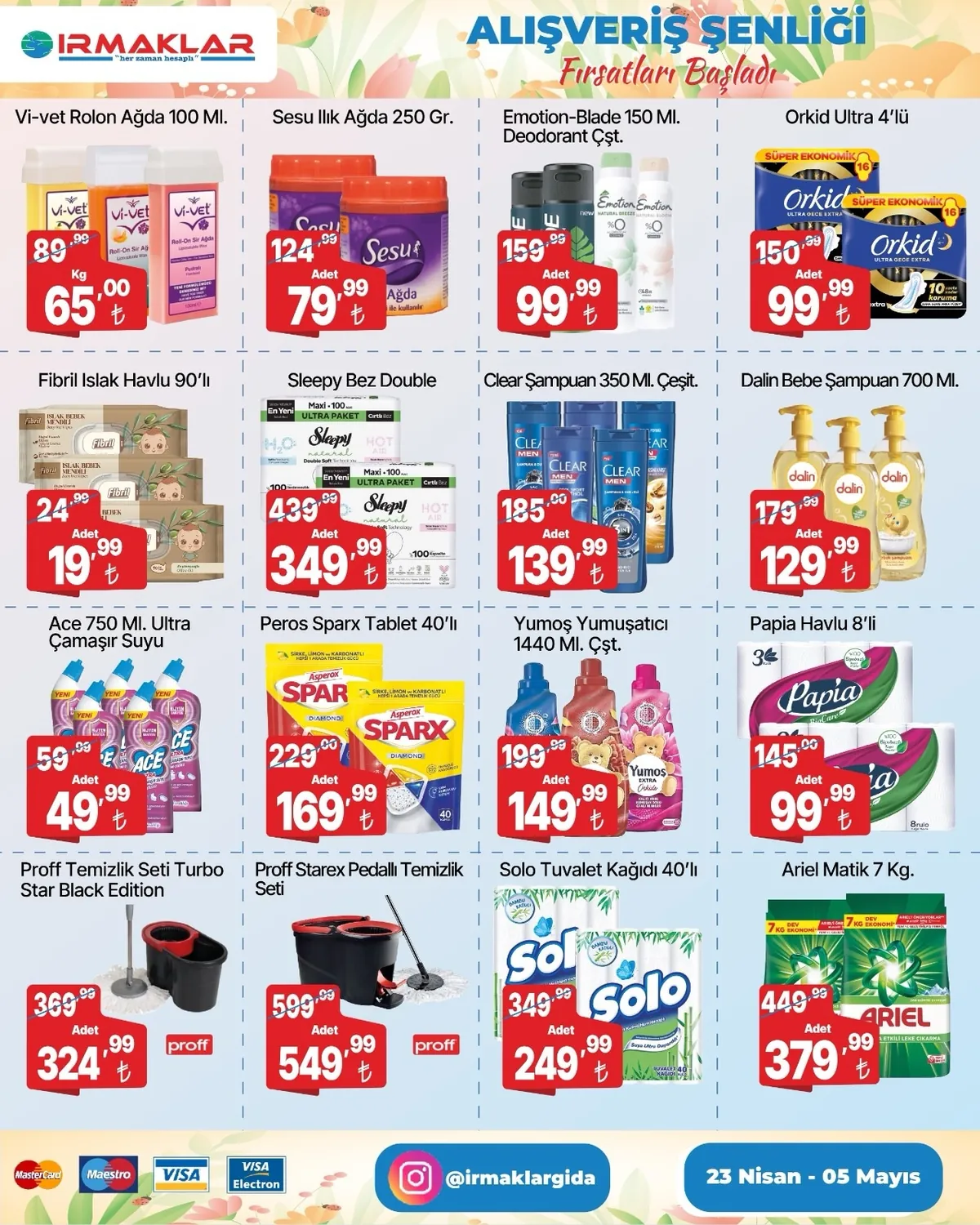 İrmaklar Irmaklar Market 23 Nisan 2026 Aktüel Kataloğu sayfa 4: Sleepy Bez Double Maxi Ultra Paket Cırtlı Bez 100 Adet, Emotion Blade 150 Ml Deodorant Çeşitli
