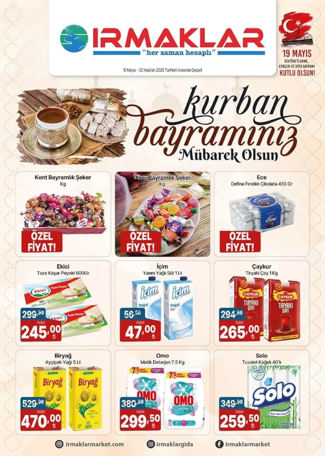 İrmaklar Irmaklar Market 19 Mayıs 2026 Aktüel Kataloğu sayfa 1: Ekici Taze Kaşar Peyniri 600Gr, İçim Yarım Yağlı Süt 1 Lt