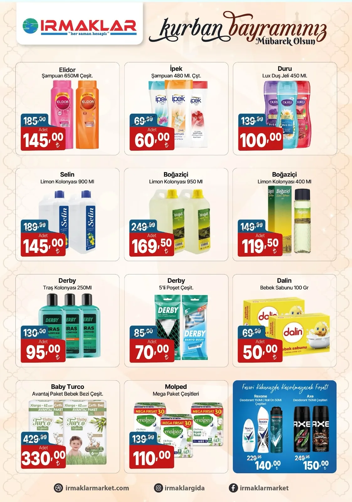 İrmaklar Irmaklar Market 19 Mayıs 2026 Aktüel Kataloğu sayfa 10: Baby Turco Avantaj Paket Bebek Bezi Çeşit Xlarge 62 Adet, Boğaziçi Limon Kolonyasi 400 Ml