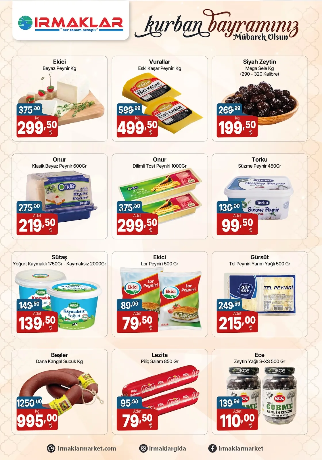 İrmaklar Irmaklar Market 19 Mayıs 2026 Aktüel Kataloğu sayfa 4: Onur Dilimli Tost Peyniri 1000Gr, Ekici Beyaz Peynir Kg