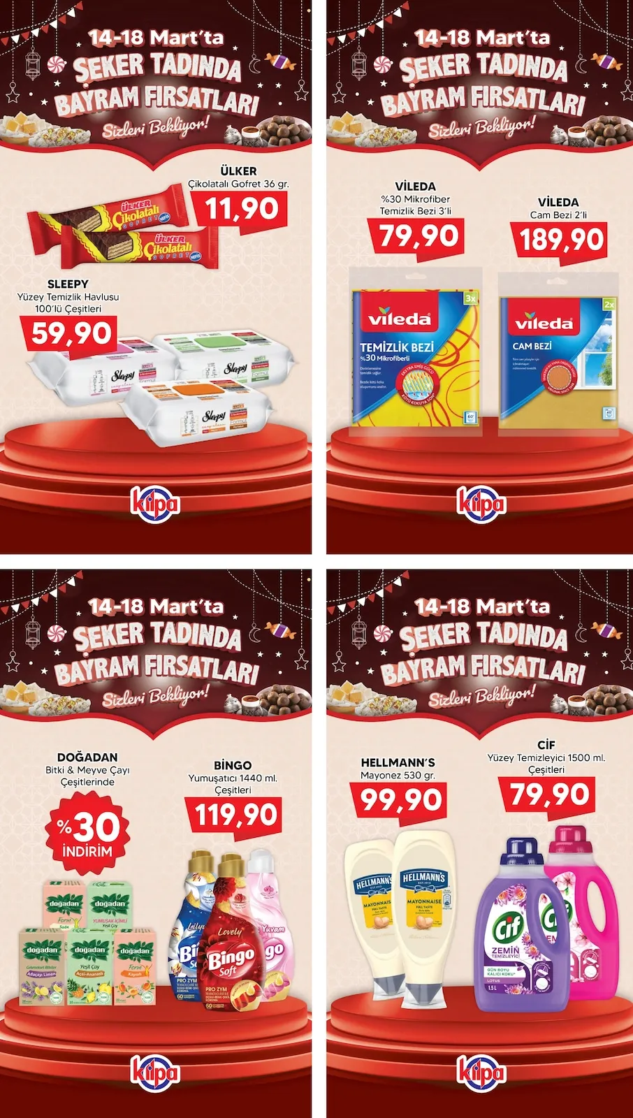 Kilpa Kilpa Market 14 Mart 2026 Aktüel Kataloğu sayfa 4: Vileda Cam Bezi 2'Li, Cif Yüzey Temizleyici 1500 Ml Çeşitleri