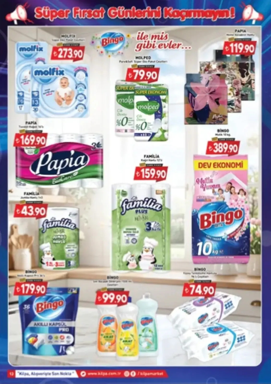 Kilpa Kilpa Market 3 Mayıs 2026 Aktüel Kataloğu sayfa 11: Bingo Sıvı Bulaşık Deterjanı 675Ml, Molfix Jumbo Bebek Bezi Paket 13