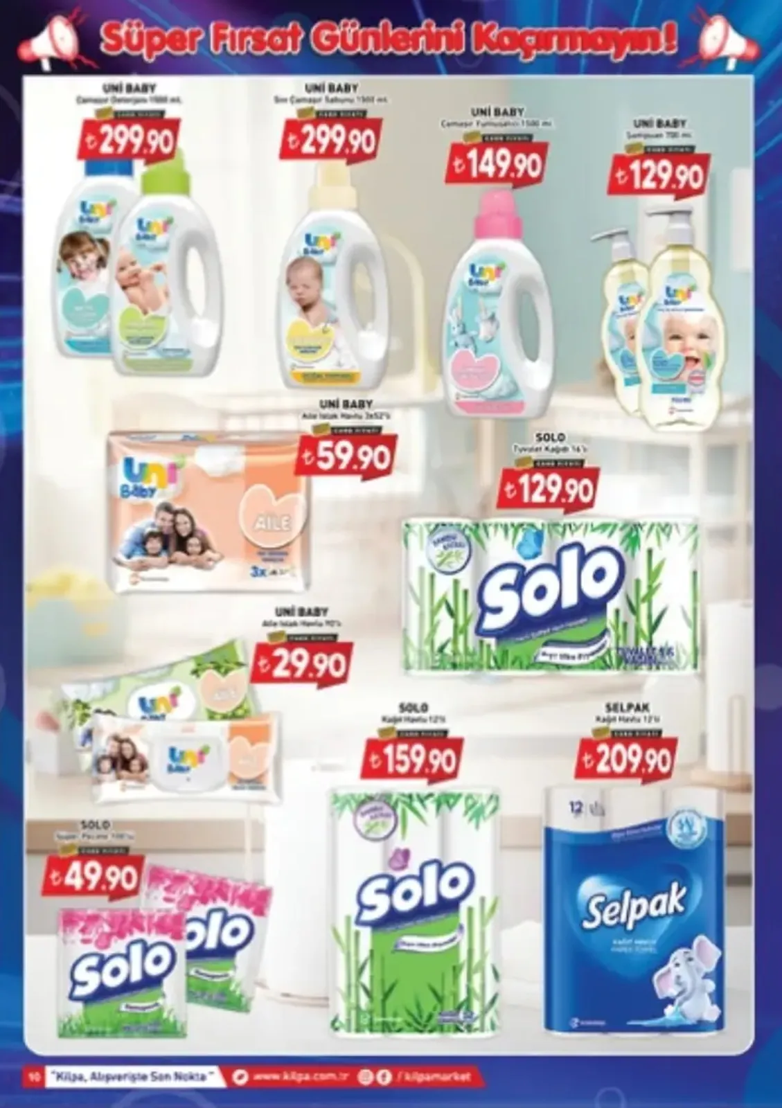Kilpa Kilpa Market 3 Mayıs 2026 Aktüel Kataloğu sayfa 9: Uni Baby Çamaşır Deterjanı 1500 Ml, Solo Kağıt Havlu 12'Li