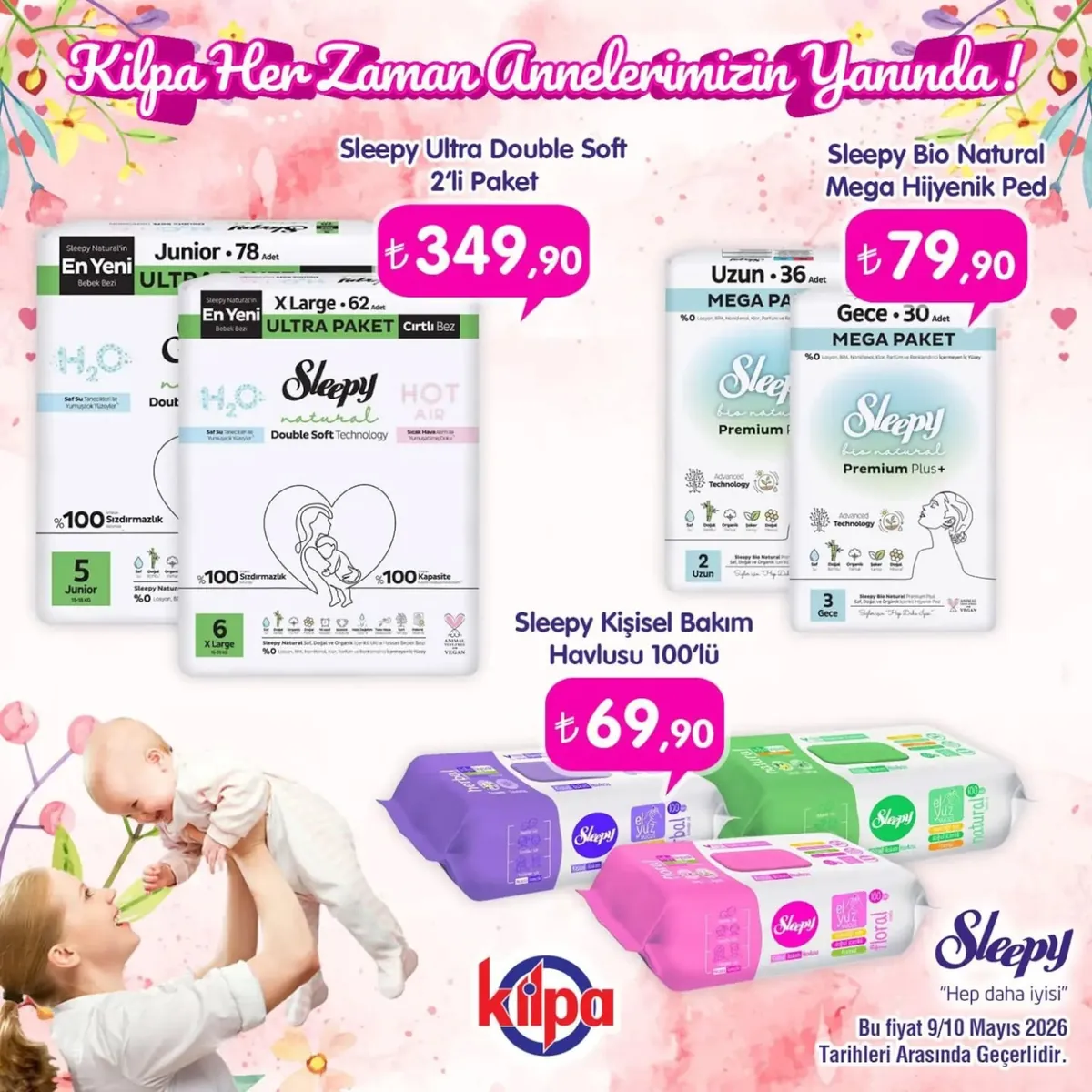 Kilpa Kilpa Market 9 Mayıs 2026 Aktüel Kataloğu sayfa 1: Sleepy Ultra Double Soft 2'Li Paket, Sleepy Bio Natural Mega Hijyenik Ped