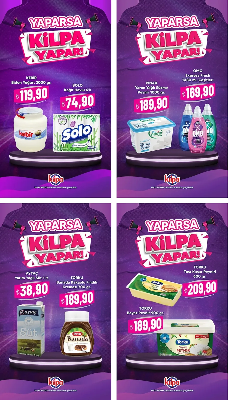 Kilpa Kilpa Market 18 Mayıs 2026 Aktüel Kataloğu sayfa 1: Omo Express Fresh 1480Ml Çeşitleri, Kebir Bidon Yoğurt 2000Gr