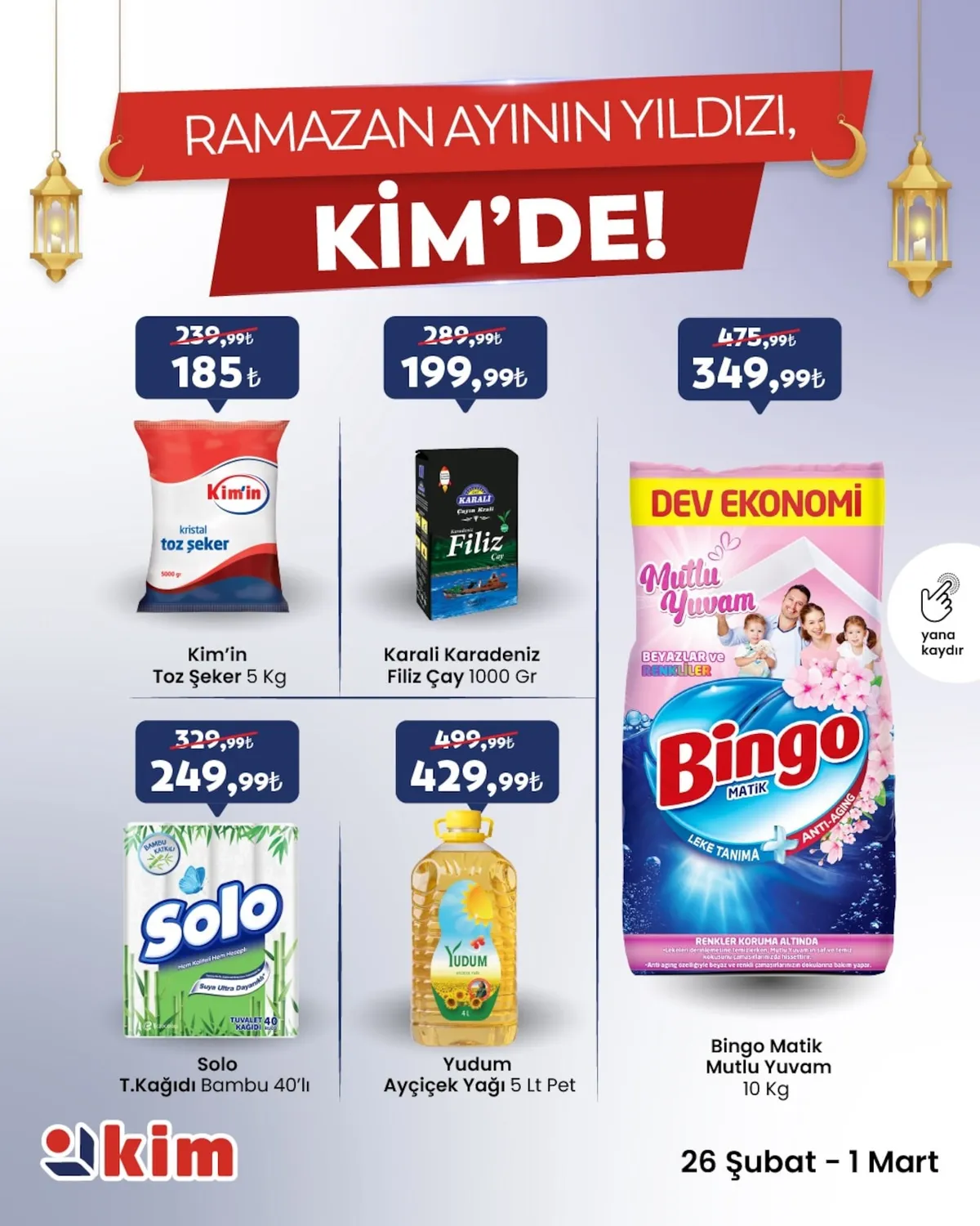 Kim Kim Market 26 Şubat 2026 Aktüel Kataloğu sayfa 2: Karali Karadeniz Filiz Çay 1000 Gr, Yudum Ayçiçek Yağı 5 Lt Pet