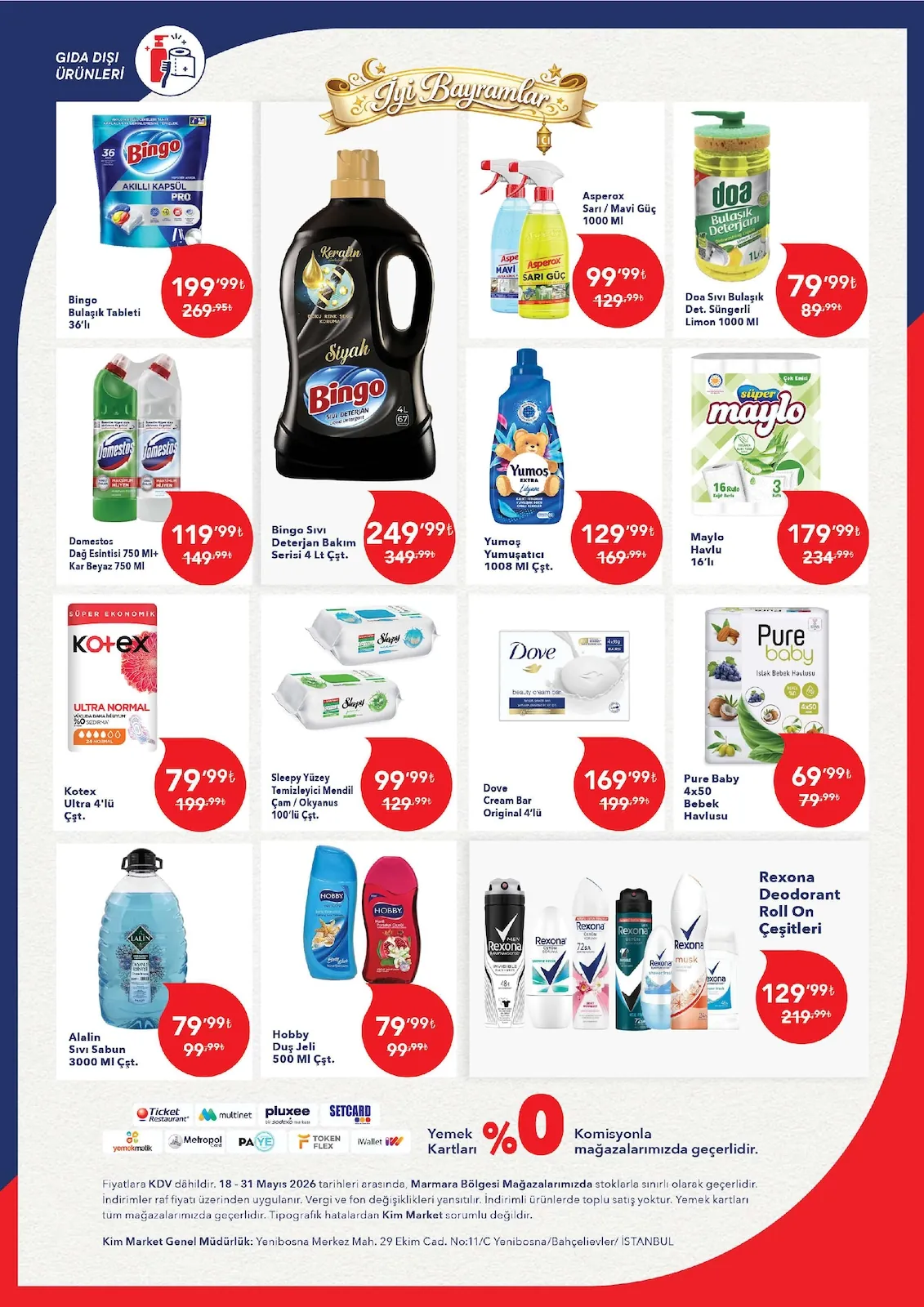 Kim Kim Market 18 Mayıs 2026 Aktüel Kataloğu sayfa 14: Dove Cream Bar Original 4'Lü, Sleepy Yüzey Temizleyici Mendil Çam / Okyanus 100'Lü Çift