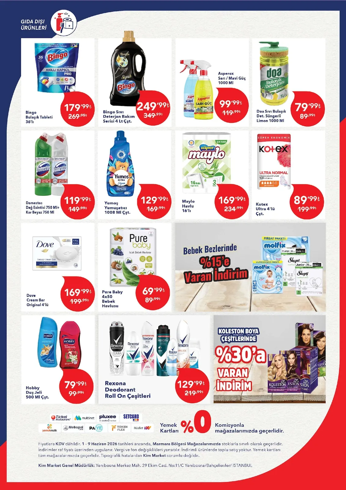 Kim Kim Market 1 Haziran 2026 Aktüel Kataloğu sayfa 5: Maylo Havlu 16'Lı, Domestos Dağ Esintisi 750 Ml+ Kar Beyaz 750 Ml
