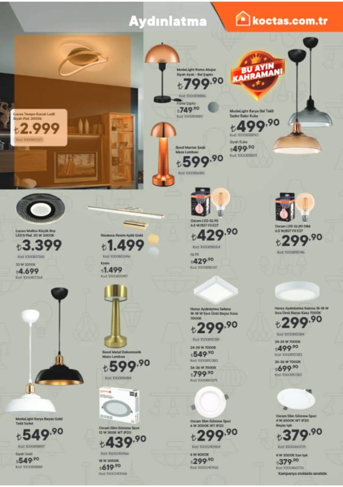 Koctascomtr Koctas.com.tr 1 Mart 2026 Aktüel Kataloğu sayfa 11: Modelight Karya Bal Takli Sarkıt Bakır Kuka, Osram Led Gl95 6.5 W/827 Fil E27