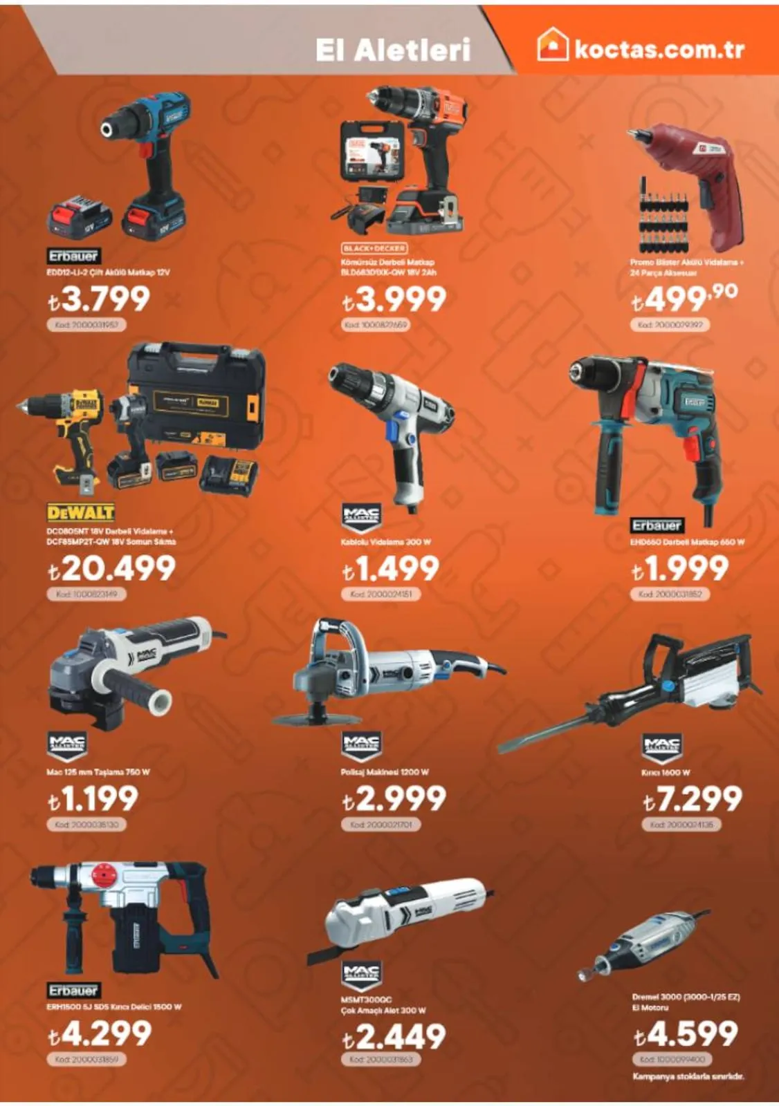 Koctascomtr Koctas.com.tr 1 Mart 2026 Aktüel Kataloğu sayfa 13: Erbauer Edd12-Lı-2 Çift Akülü Matkap 12V, Kırıcı 1600 W