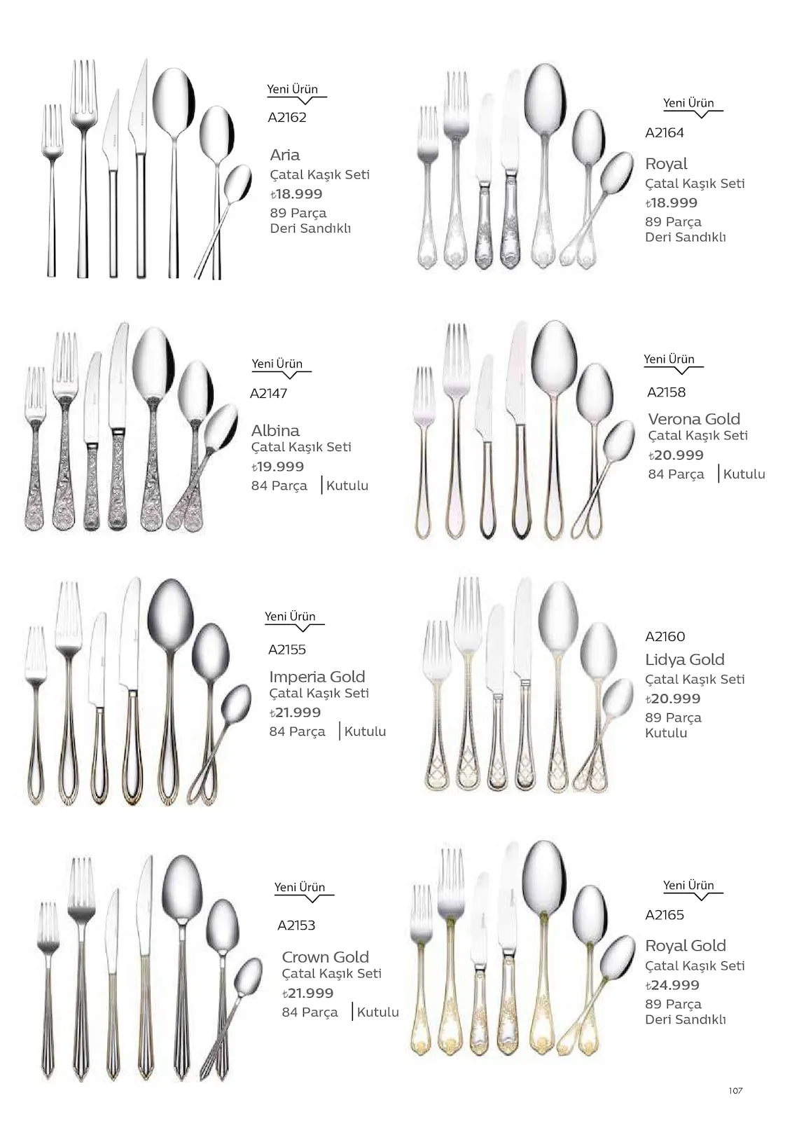 Korkmazstore Korkmazstore 1 Şubat 2026 Aktüel Kataloğu sayfa 107: Aria Çatal Kaşık Seti 89 Parça Deri Sandıklı, Imperia Gold Çatal Kaşık Seti 84 Parça Kutulu