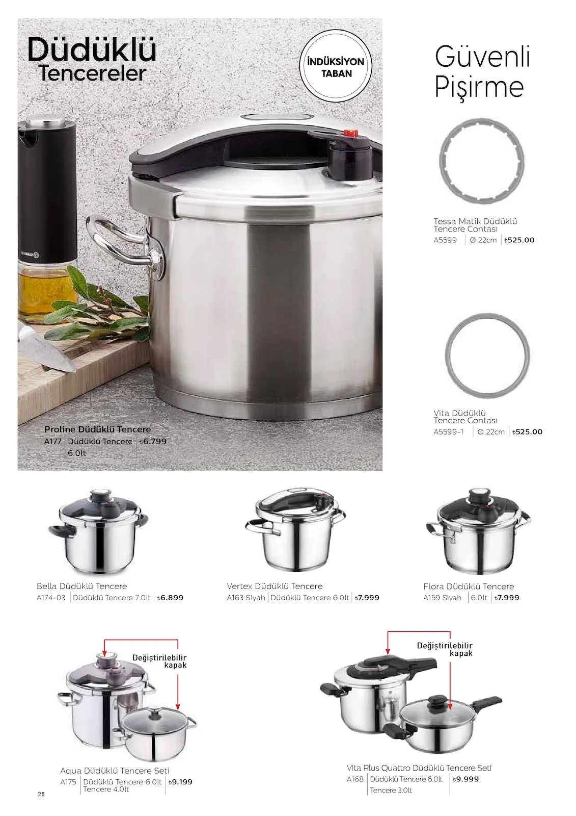 Korkmazstore Korkmazstore 1 Şubat 2026 Aktüel Kataloğu sayfa 28: Vita Düdüklü Tencere Contası Ø 22Cm, Bella Düdüklü Tencere 7.0Lt