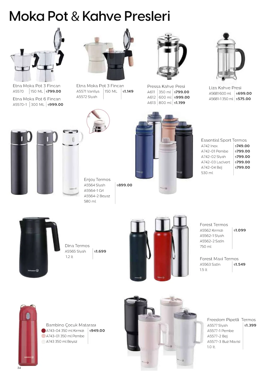 Korkmazstore Korkmazstore 1 Şubat 2026 Aktüel Kataloğu sayfa 34: Pressa Kahve Presi A611 350 Ml, Etna Moka Pot 3 Fincan A5570 150 Ml