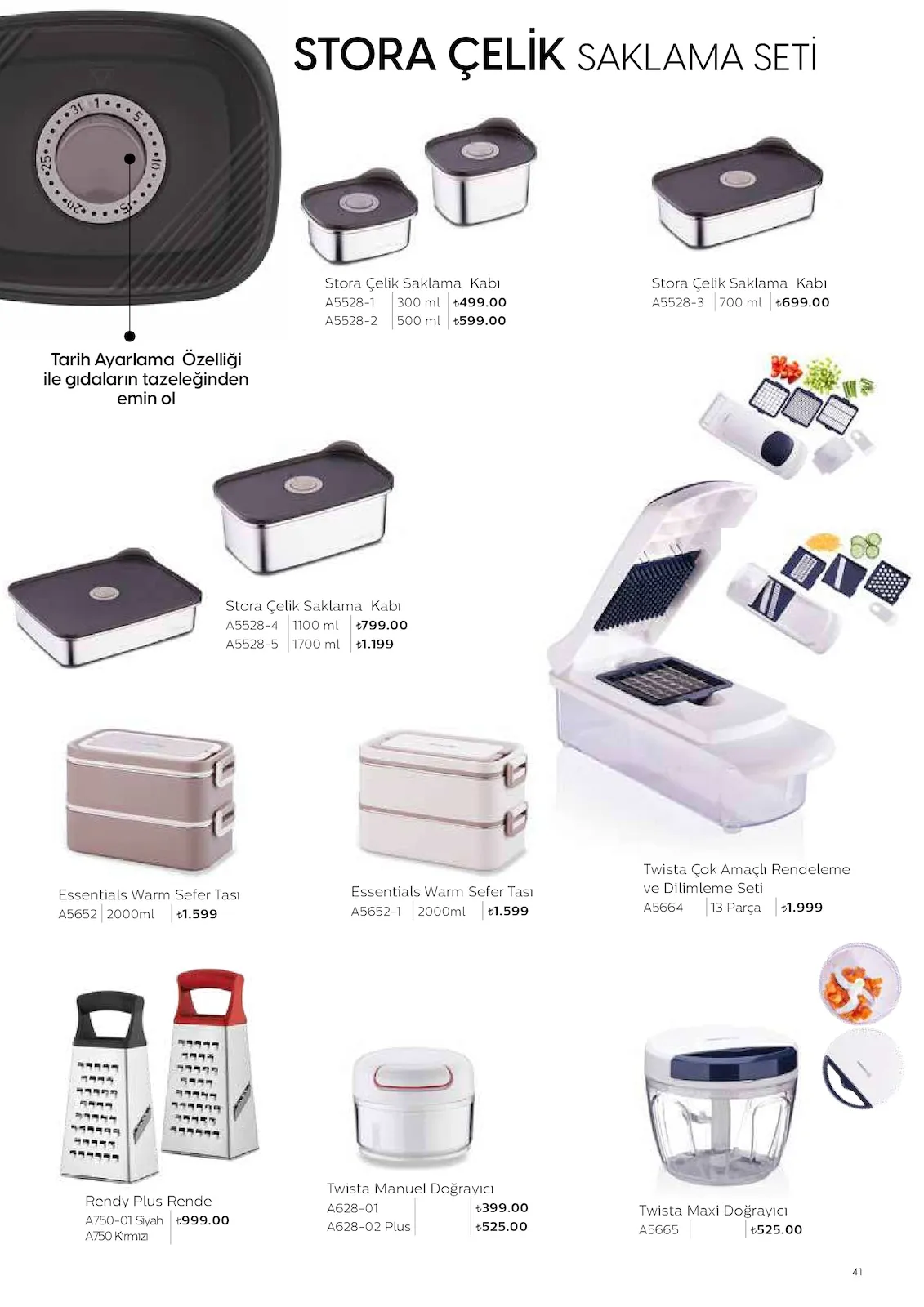 Korkmazstore Korkmazstore 1 Şubat 2026 Aktüel Kataloğu sayfa 41: Stora Çelik Saklama Kabı A5528-4 1100 Ml, Essentials Warm Sefer Tası A5652 2000Ml