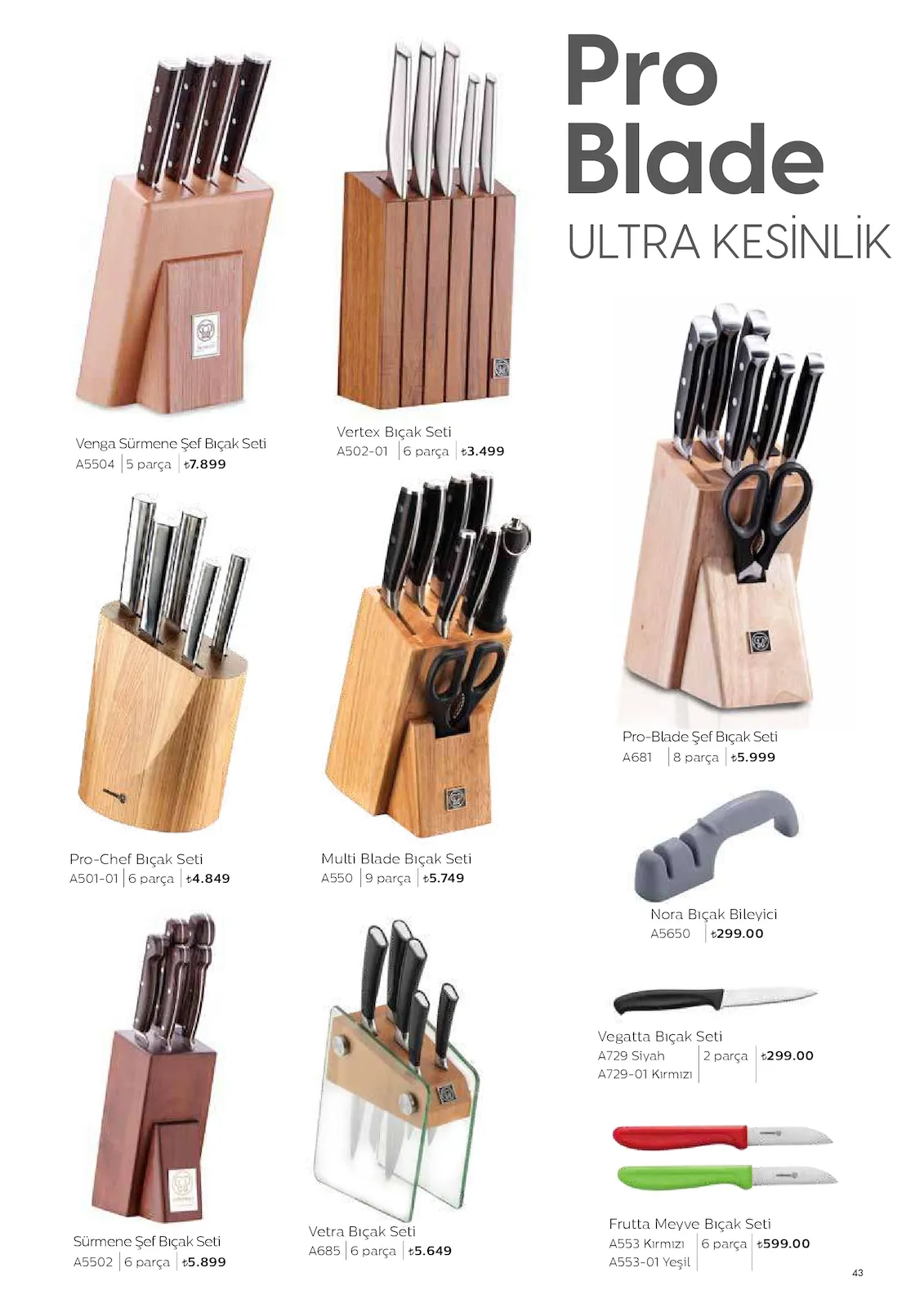 Korkmazstore Korkmazstore 1 Şubat 2026 Aktüel Kataloğu sayfa 43: Pro-Chef Bıçak Seti A501-01 6 Parça, Multi Blade Bıçak Seti A550 9 Parça