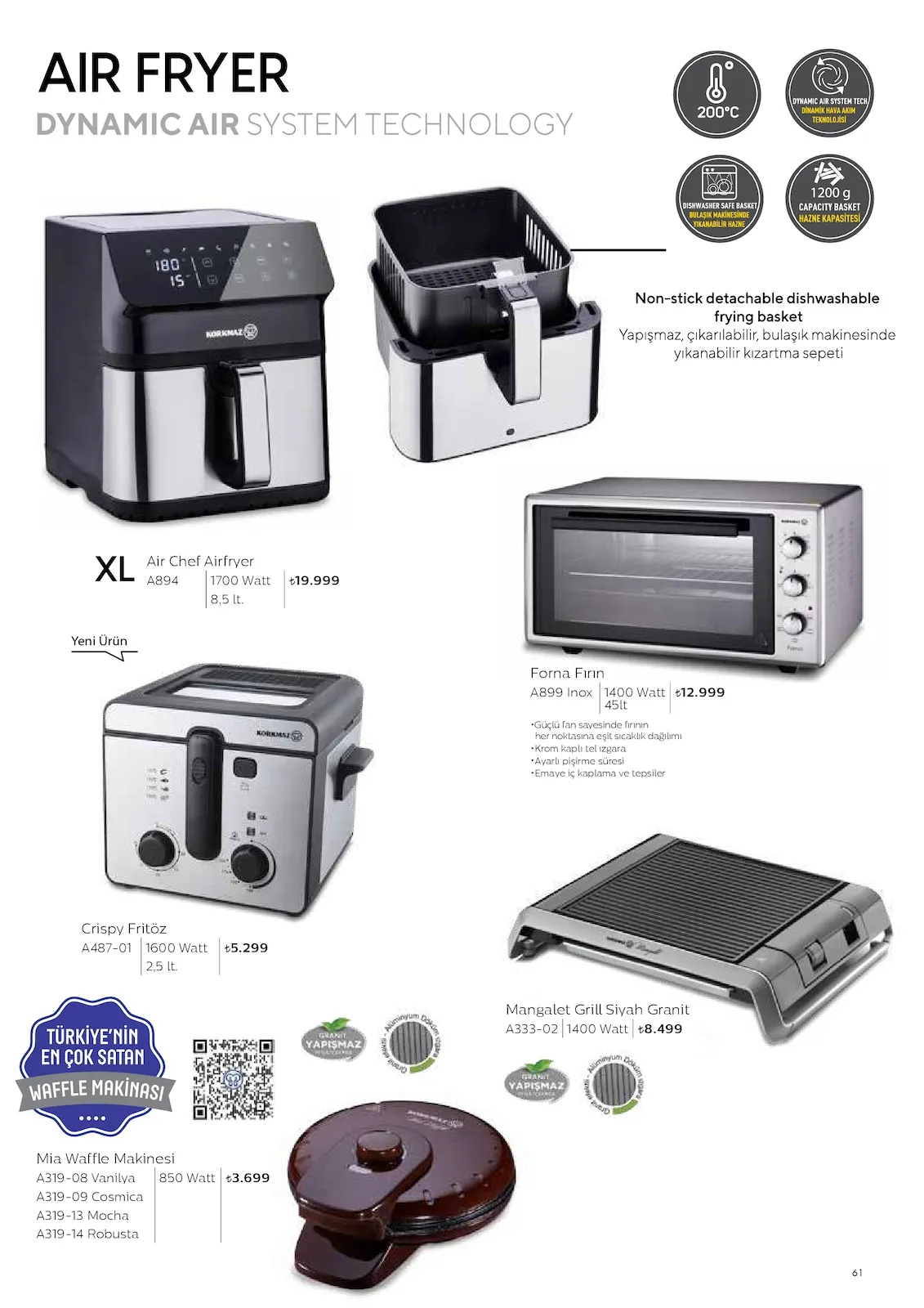 Korkmazstore Korkmazstore 1 Şubat 2026 Aktüel Kataloğu sayfa 61: Korkmaz Forna Fırın A899 Inox 45Lt, Korkmaz Mangalet Grill Siyah Granit A333-02