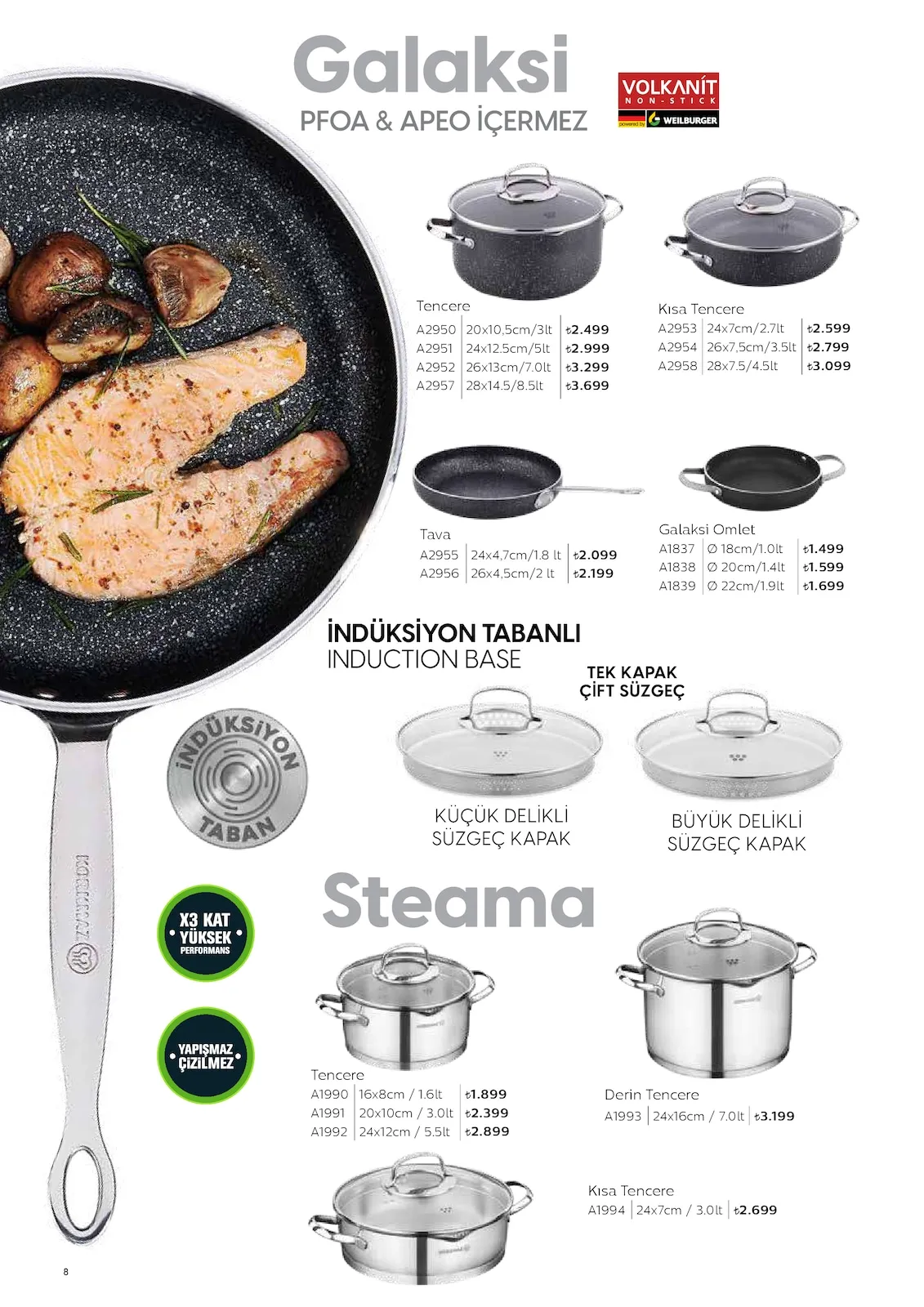 Korkmazstore Korkmazstore 1 Şubat 2026 Aktüel Kataloğu sayfa 8: Tencere A2950 20X10,5Cm/3Lt, Kısa Tencere A2953 24X7Cm/2.7Lt