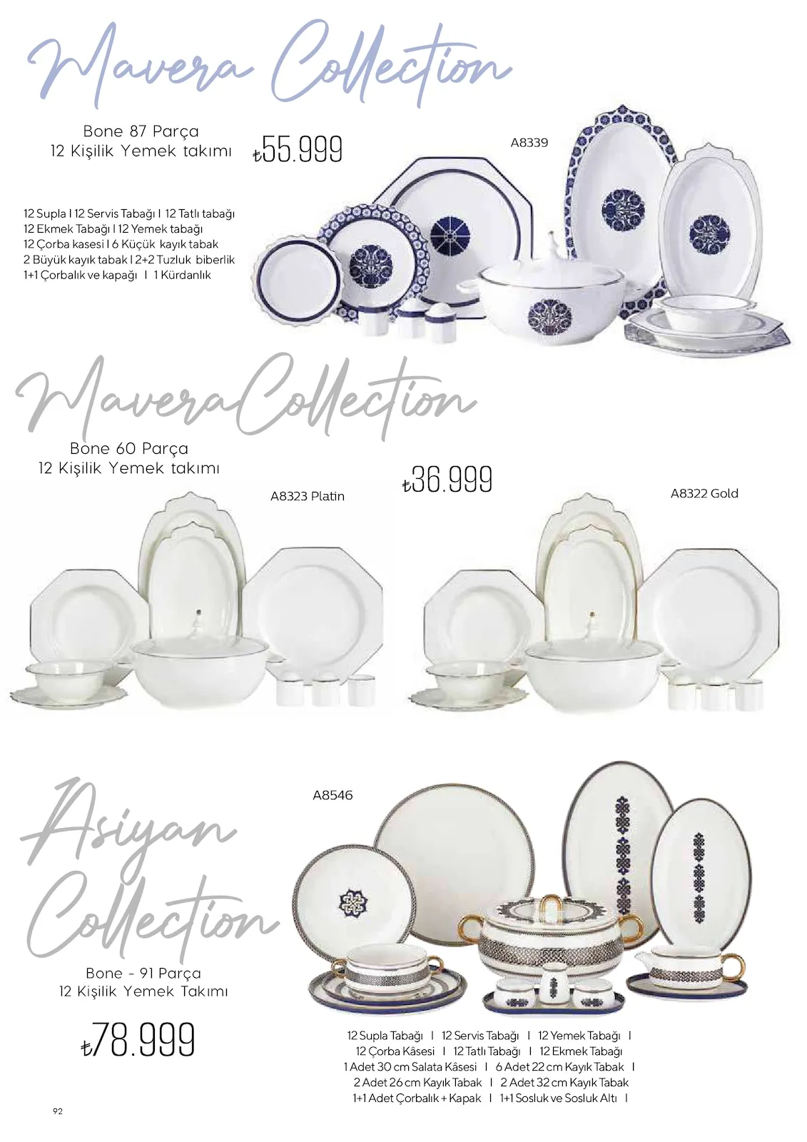 Korkmazstore Korkmazstore 1 Şubat 2026 Aktüel Kataloğu sayfa 92: Asiyan Collection Bone 91 Parça 12 Kişilik Yemek Takımı, Mavera Collection Bone 87 Parça 12 Kişilik Yemek Takımı