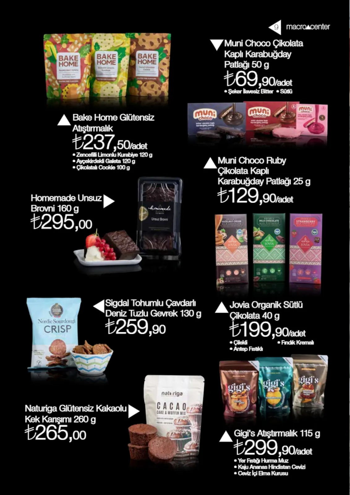 Macro Macro Center 1 Haziran 2026 Aktüel Kataloğu sayfa 9: Bake Home Glütensiz Atıştırmalık, Muni Choco Çikolata Kaplı Karabuğday Patlağı 50 G