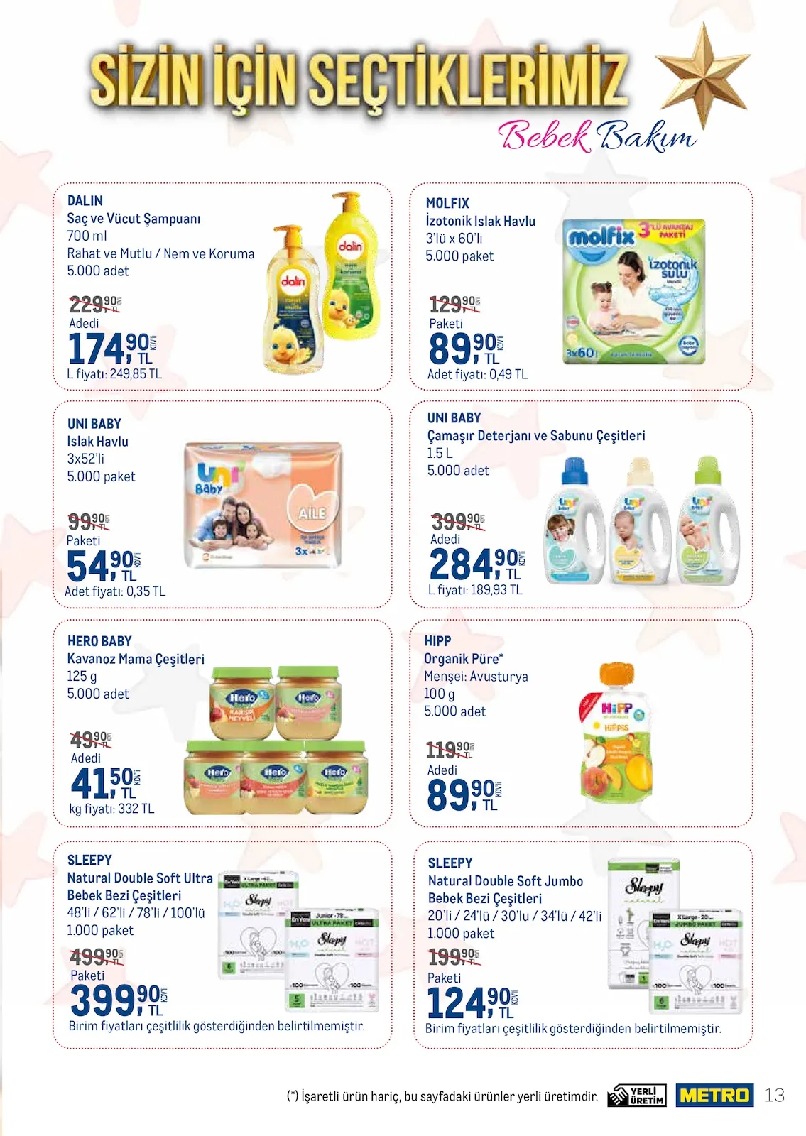 Metro Metro 1 Mart 2026 Aktüel Kataloğu sayfa 13: Molfix Izotonik Islak Havlu 3'Lü X 60'Lı, Sleepy Natural Double Soft Jumbo Bebek Bezi Çeşitleri 20'Li / 24'Lü / 30'Lu / 34'Lü / 42'Li