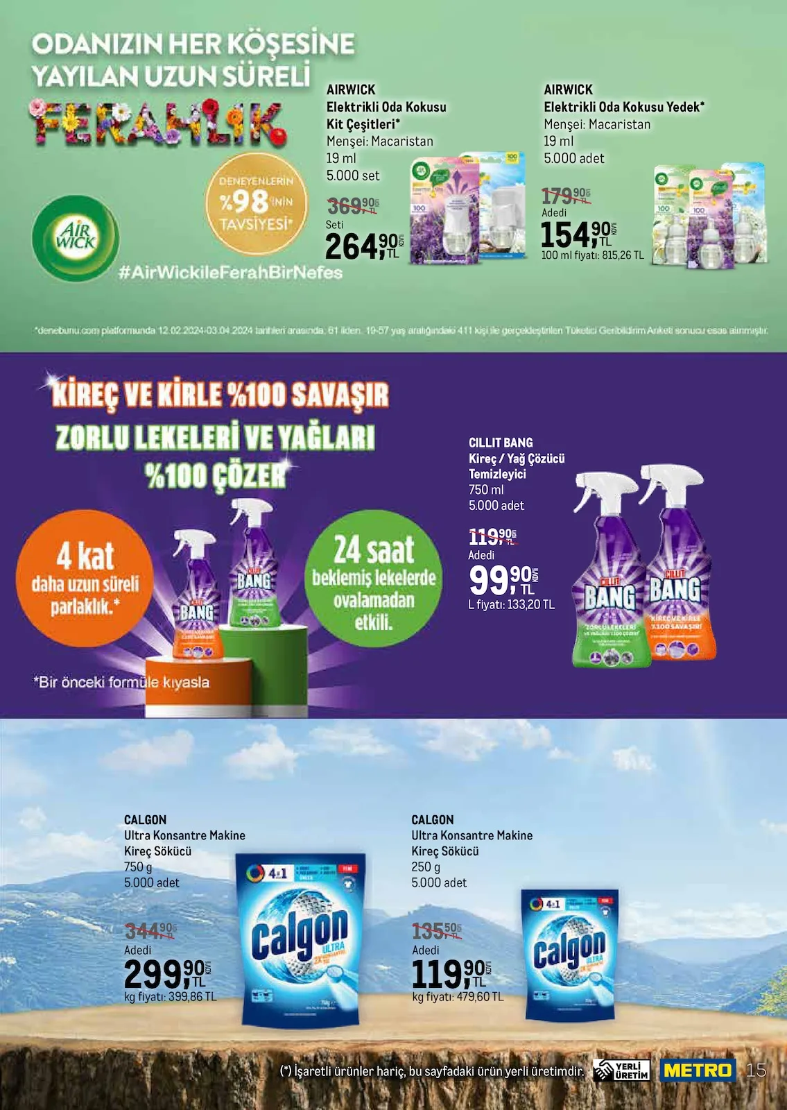 Metro Metro 1 Mart 2026 Aktüel Kataloğu sayfa 15: Calgon Ultra Konsantre Makine Kireç Sökücü 750 G, Airwick Elektrikli Oda Kokusu Yedek 19 Ml