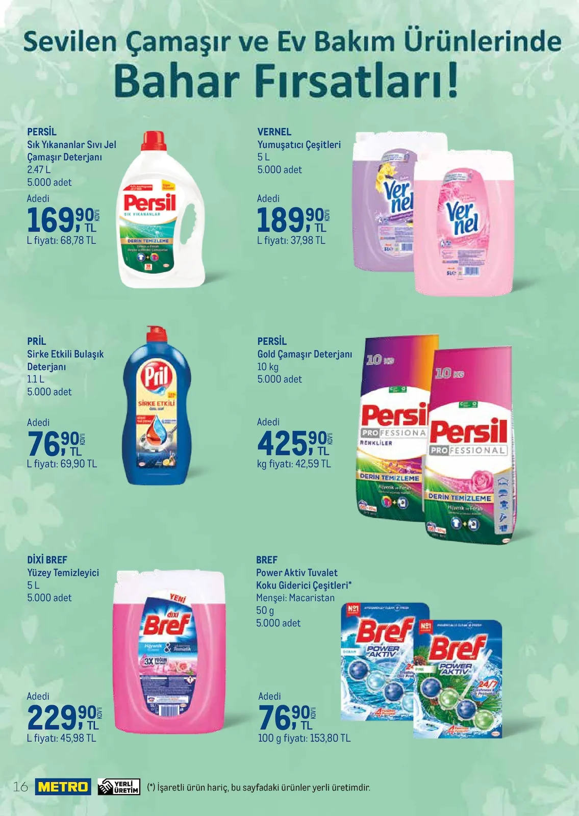 Metro Metro 1 Mart 2026 Aktüel Kataloğu sayfa 16: Persil Sık Yıkananlar Sıvı Jel Çamaşır Deterjanı 2.47 L, Dixi Bref Yüzey Temizleyici 5 L